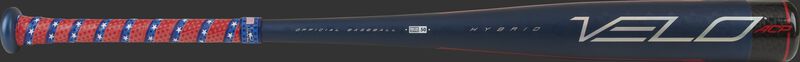 Barrel of a red, white & blue 2020 limited edition Velo ACP BBCOR bat -3 with red/blue Lizard Skins grip – SKU: BBVRWB