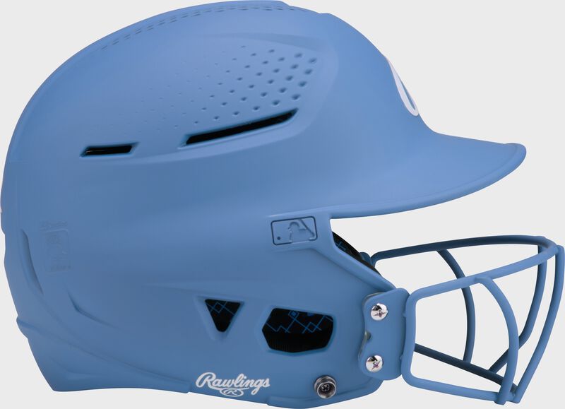 Right side of a Columbia blue Rawlings RX2 fastpitch batting helmet