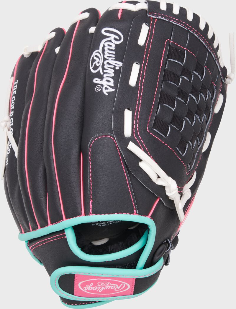 Back of a black/mint/pink Sure Catch Softball 12-inch Youth Softball Glove loading=