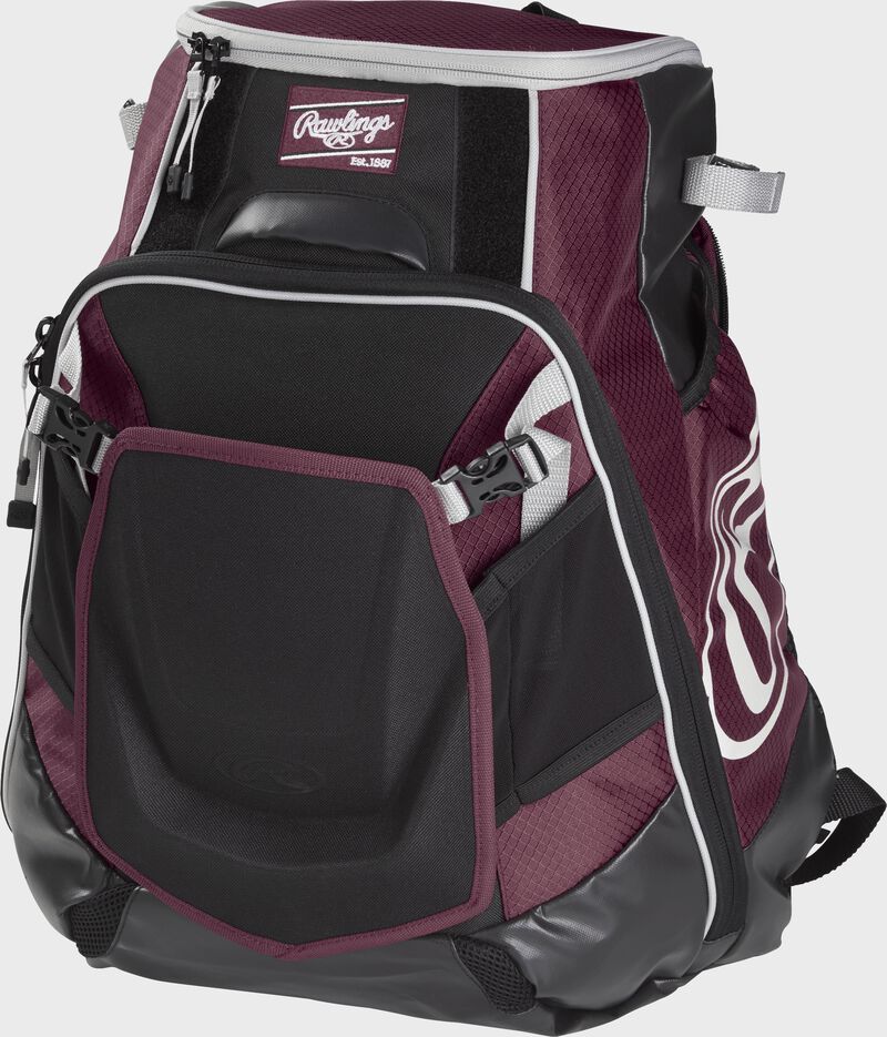 Front left of a maroon VELOBK Rawlings Velo equipment backpack with an Oval R logo on the side compartment