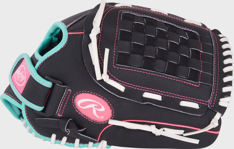 Thumb of a black/mint/pink Sure Catch Softball 12.5-inch Youth Softball Glove loading=