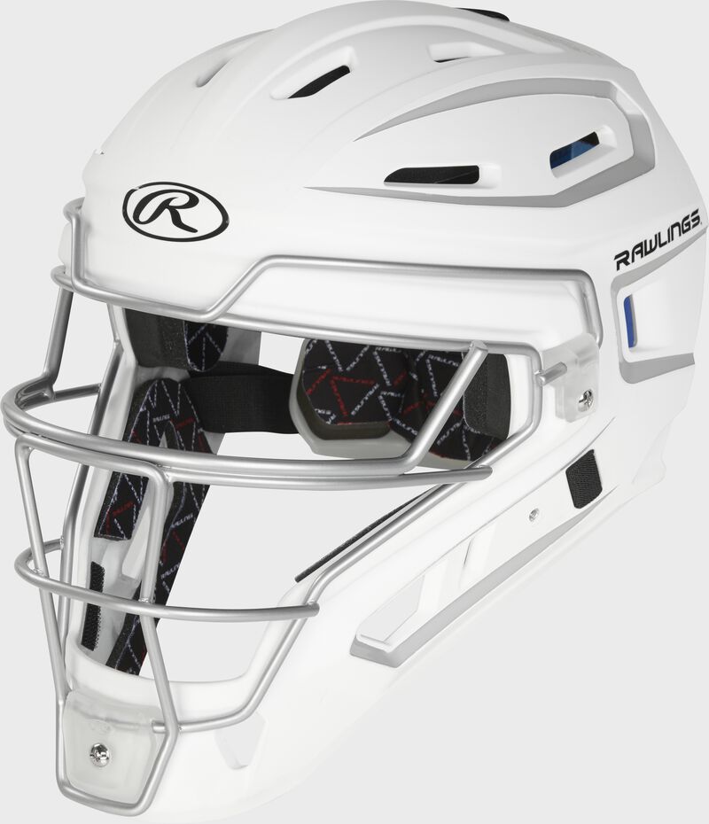 Front left of a white Velo 2.0 catcher's helmet
