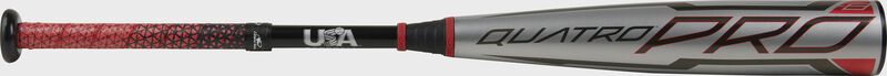 A Rawlings 2021 Quatro Pro USA bat with a Lizard Skins grip - SKU: US1Q8
