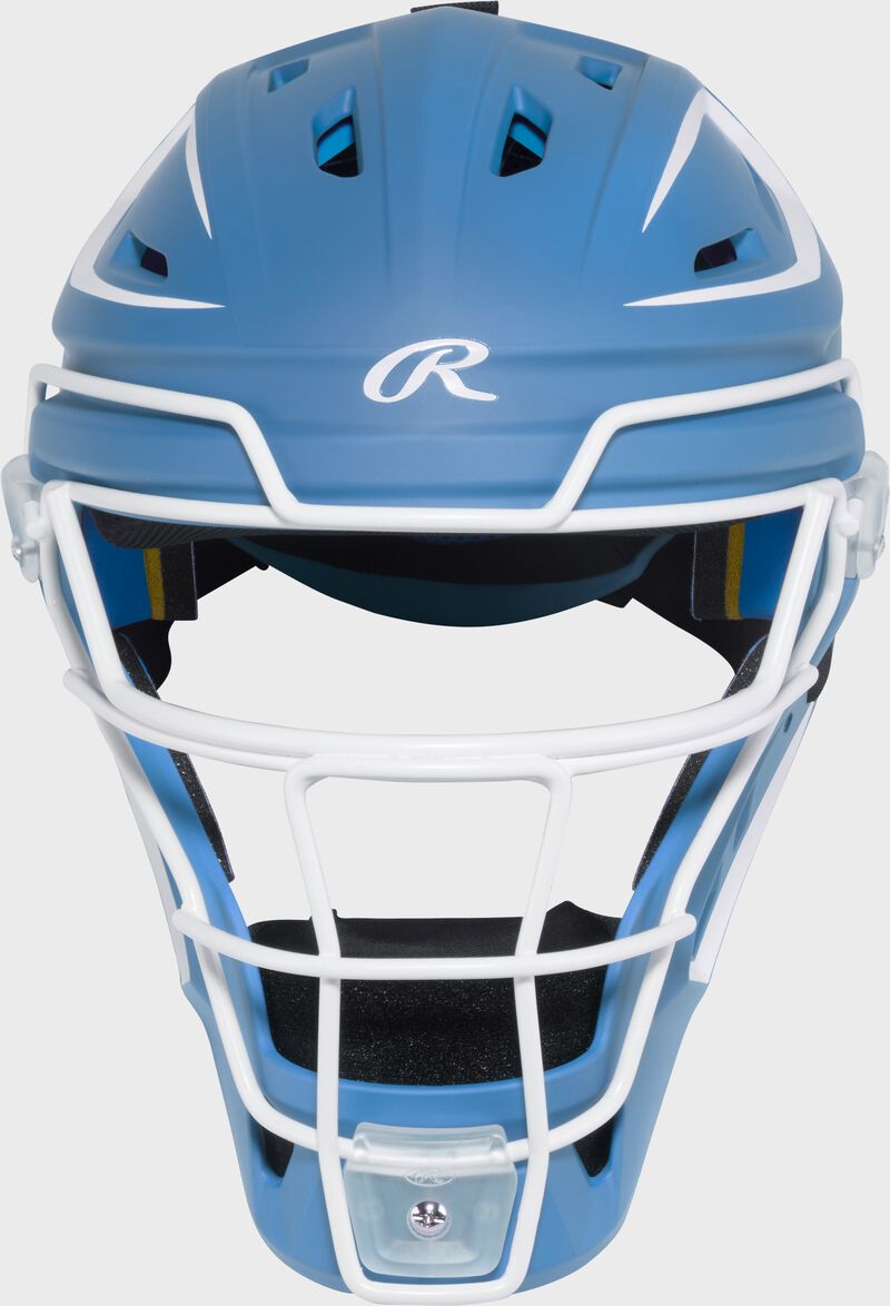 Front of a Columbia blue Rawlings Mach Pro Series catcher's helmet loading=