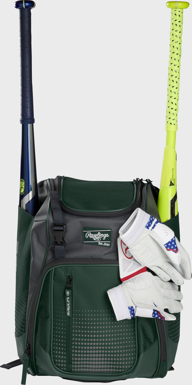 A dark green Franchise backpack with two bats in the sides and batting gloves on the front Velcro strap - SKU: FRANBP-DG