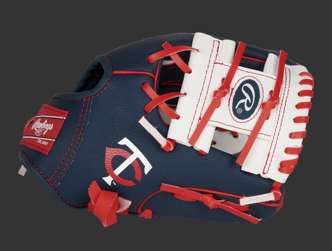 Thumb of a navy, white & red Minnesota Twins 10-inch glove with a white I-web and Twins logo on the thumb - SKU: 22000028111
