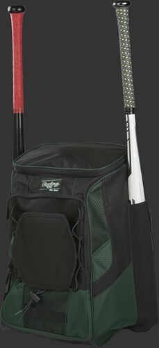 Front left of a dark green/black R600 Rawlings players equipment backpack with two bats