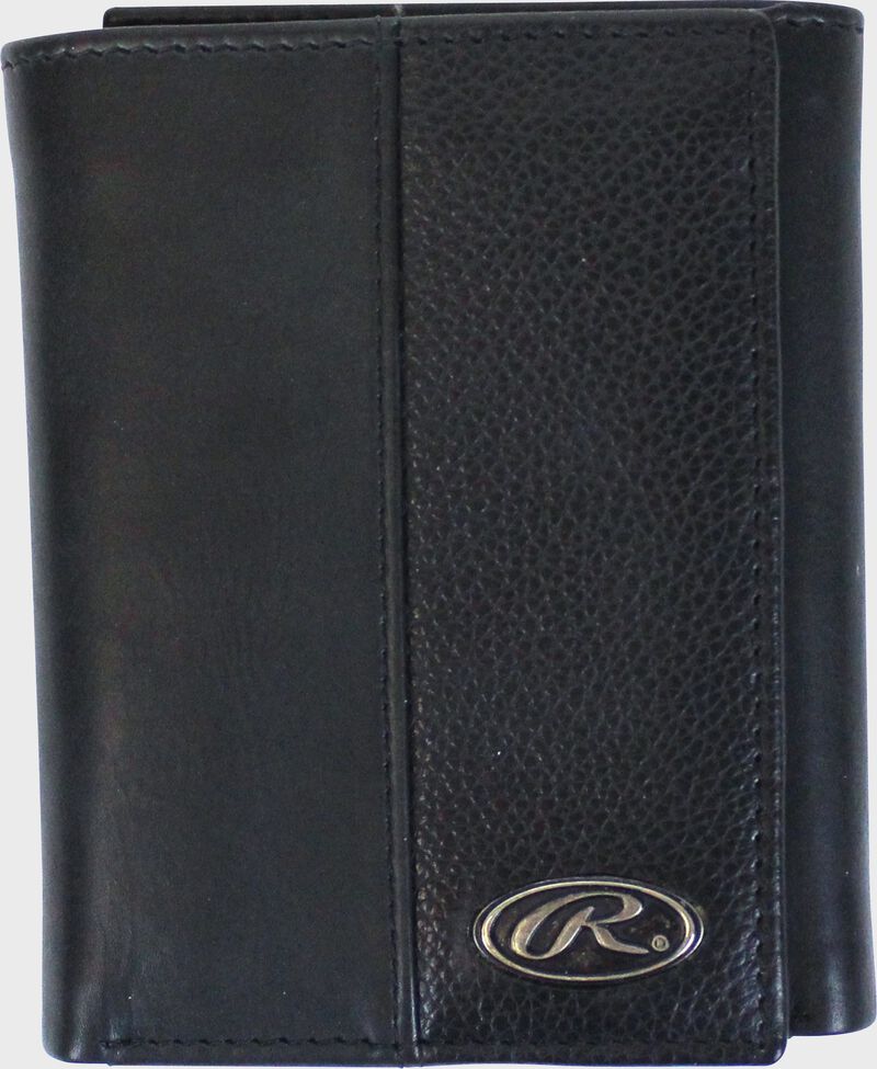A black RW80003-001 Bases loaded tri-fold wallet folded closed with a silver Oval R emblem in the bottom right corner