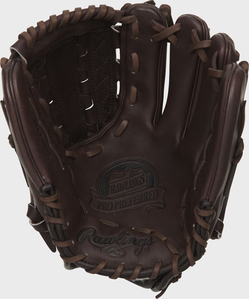 Palm of a mocha Rawlings Pro Preferred infield/pitcher's glove with a mocha web and brown laces - SKU: PROS1175-12KMOPRO