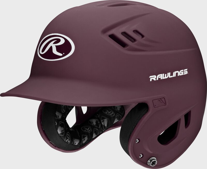 Front left-side view of Maroon Rawlings Velo Matte Batting Helmet - SKU: R16M