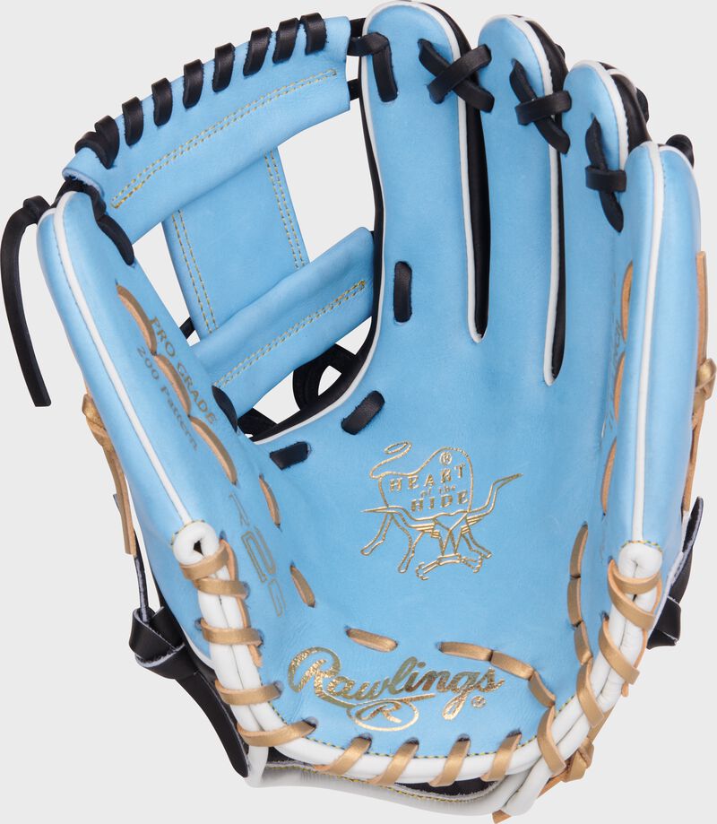 Columbia blue palm of a Rawlings Heart of the Hide R2G infield glove with navy laces and gold palm stamping - SKU: PROR205-2CB loading=