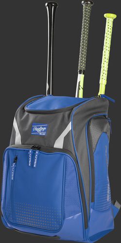 Angle view of a royal Legion baseball bat backpack with 3 bats in the back - SKU: LEGION-R