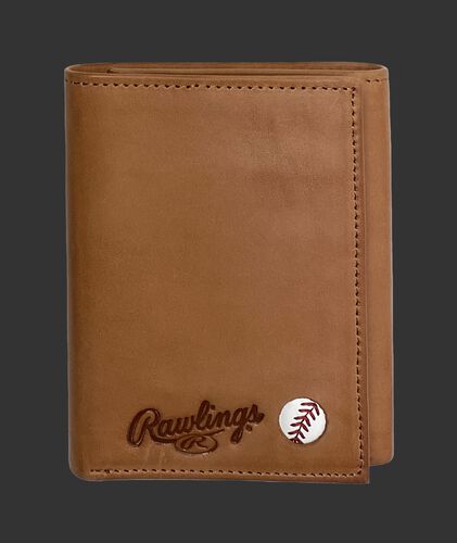 A tan Play Ball tri-fold wallet with the Rawlings logo and ball emblem in the bottom right corner - SKU: MW479-204
