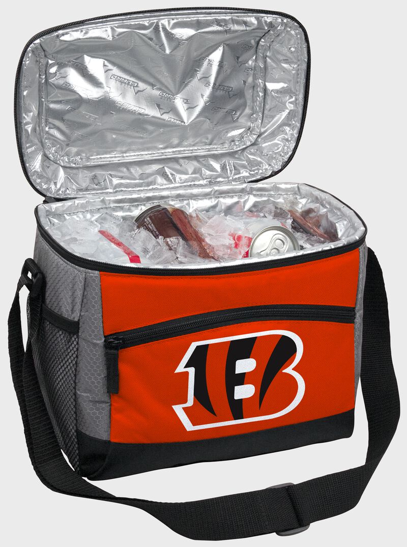 An open Cincinnati Bengals 12 can cooler with ice and drinks