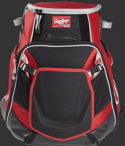 Front of a scarlet VELOBK Velo backpack with scarlet trim and a red Rawlings patch