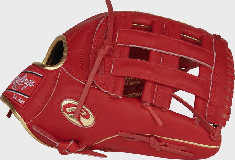 Web back view of scarlet red Gameday 57 Series Joey Gallo Heart of the Hide glove