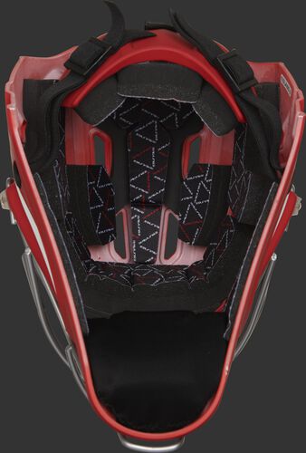 Inside foam of a scarlet CHV27J Rawlings catcher's helmet
