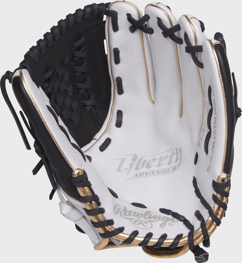 RLA125-18WBG Rawlings 12.5-inch fastpitch glove with a white palm and black laces