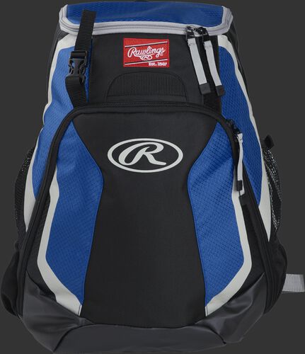 Front of a black/royal R500 Rawlings Players team backpack with a Rawlings patch and white Oval R