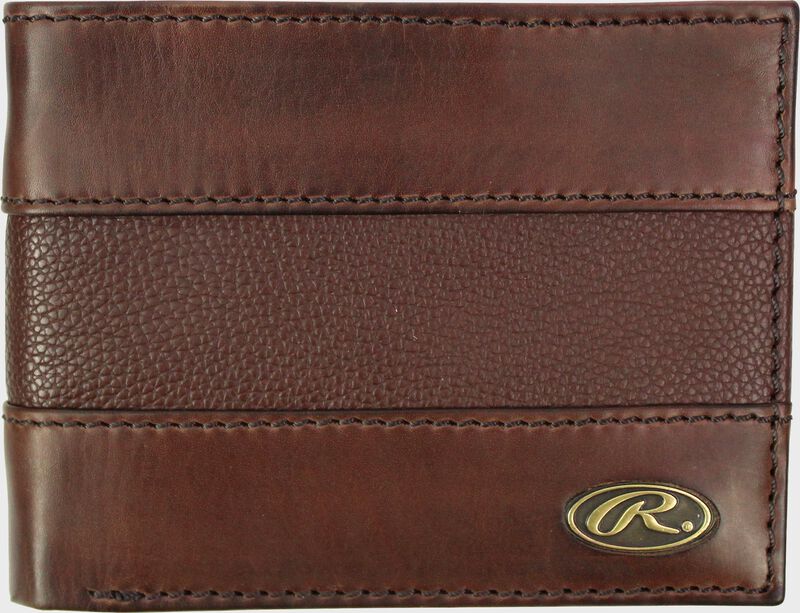 A brown RW80004-200 Bases Loaded bi-fold wallet folded close with a gold Oval R logo in the bottom right