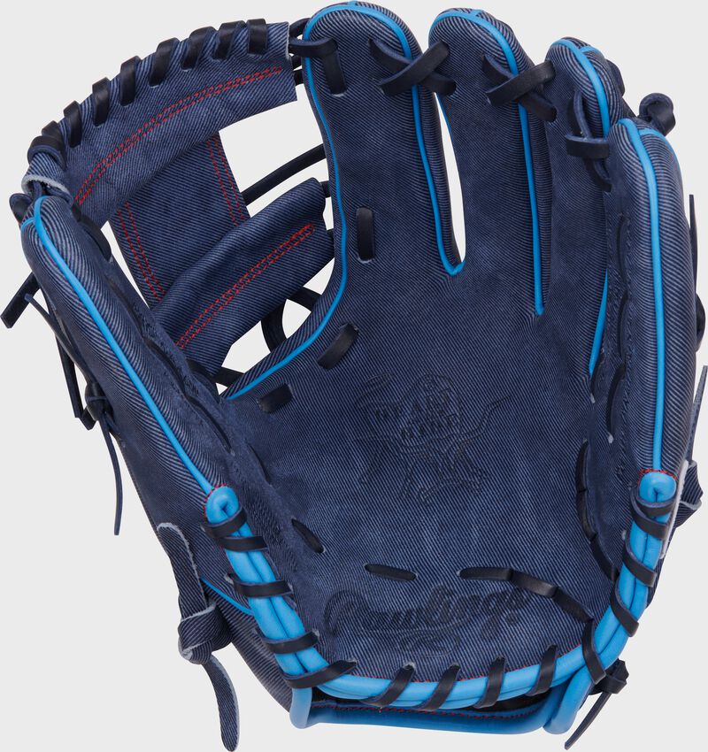 Navy palm of a Heart of the Hide Pro Label denim infield glove