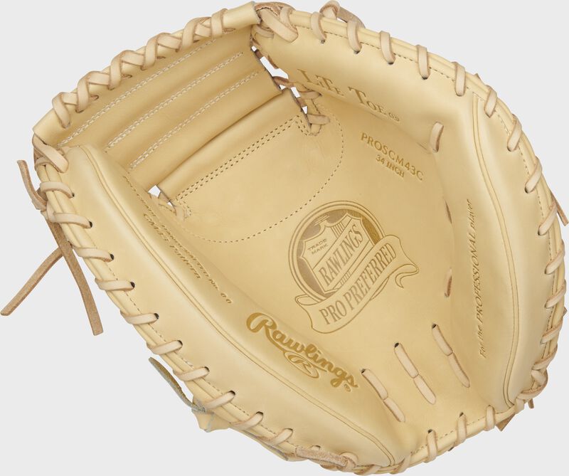 Camel palm of a Rawlings Pro Preferred catcher's mitt with a camel web and laces - SKU: PROSCM43C