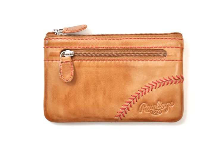 A tan Baseball Stitch coin purse with red stitch design - SKU: MW415-204