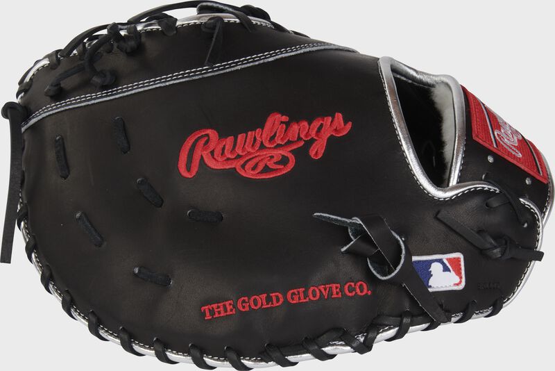 Black back of an Anthony Rizzo Pro Preferred 1st base mitt with the MLB logo on the pinky - SKU: PROSAR44BB