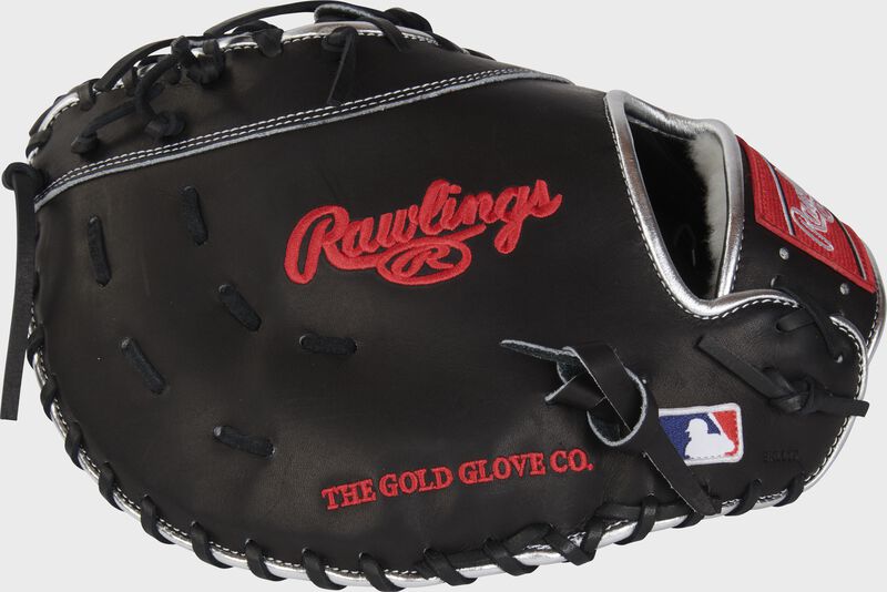 Black back of an Anthony Rizzo Pro Preferred 1st base mitt with the MLB logo on the pinky - SKU: PROSAR44BB loading=