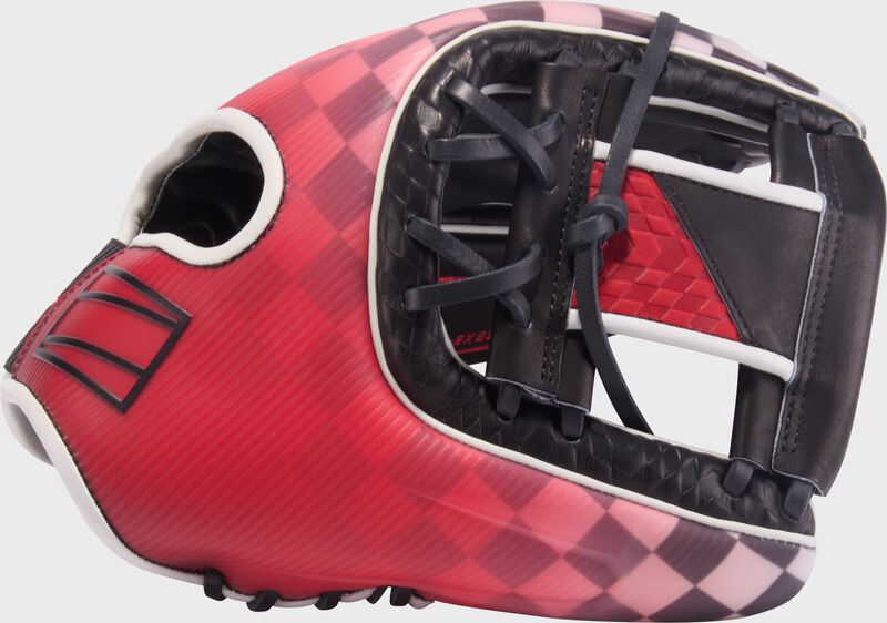Red checker print thumb of a Rawlings REV1X Checkered Flag glove with a black/red I-web