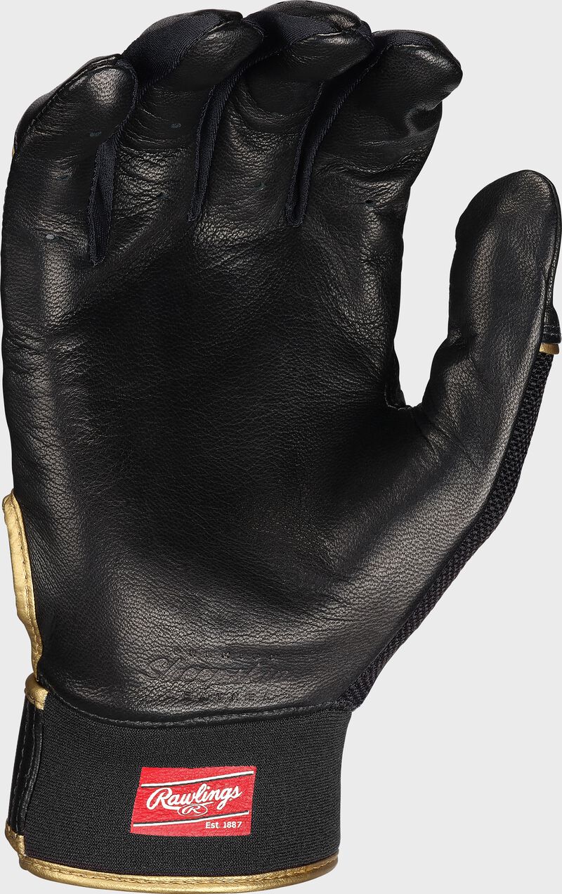 Black leather palm of a Rawlings Pro Preferred batting glove - SKU: PROPRFBG-BKBK