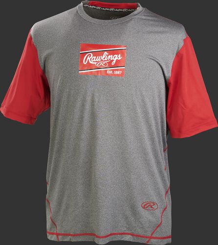 A gray/scarlet Rawlings adult Hurler performance short sleeve shirt with a scarlet Rawlings logo on the chest - SKU: HSSP-GR/S