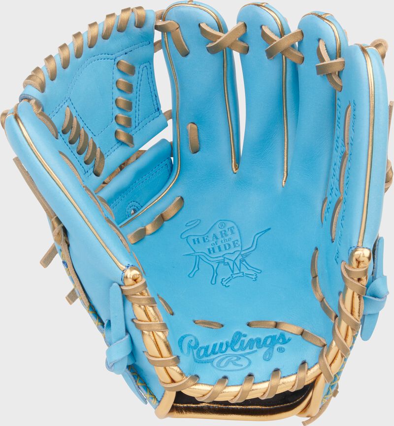 Columbia blue palm of a Rawlings exclusive Heart of the Hide 11.75" infield/pitcher's glove with gold laces