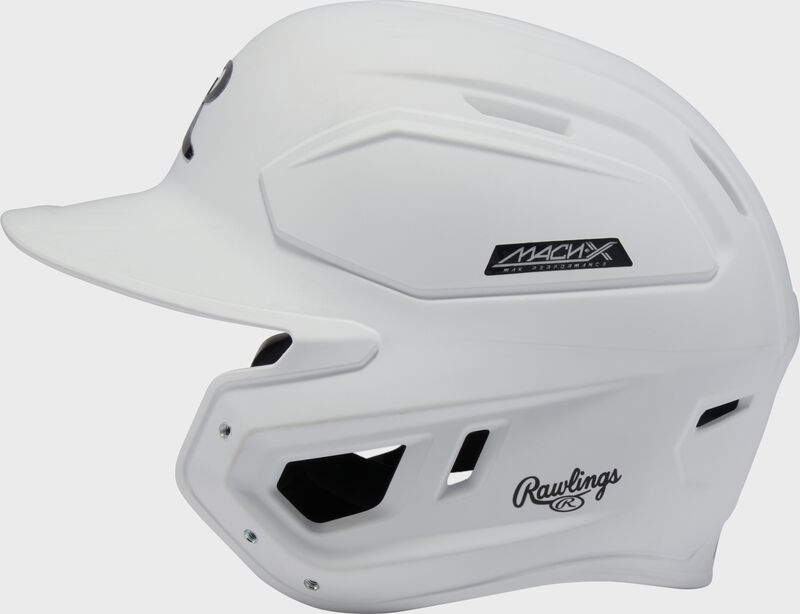 Left side of a white Rawlings Mach-X Max Performance batting helmet