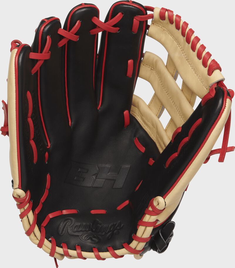 Shell palm view of tan, black, and red 12.75-inch Rawlings R2G outfield glove | Bryce Harper Pattern