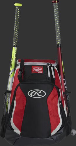 A black/scarlet R500 Rawlings equipment backpack with a bat on each side