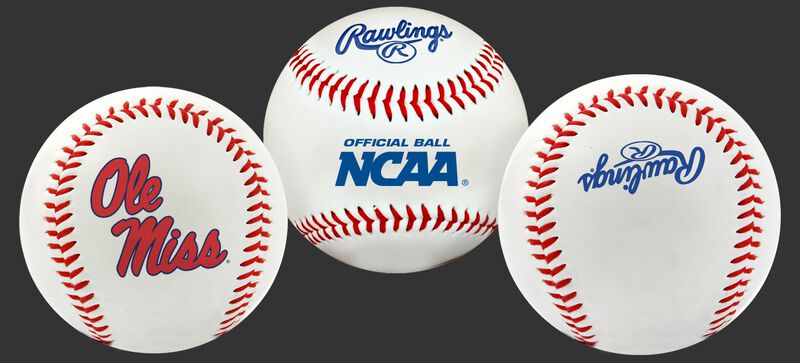 3 views of a NCAA Ole Miss Rebels baseball with a team logo, NCAA logo and Rawlings logo