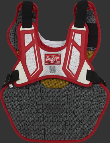 Back harness of a scarlet/white CPV2N adult Velo 2.0 chest protector with Dynamic Fit System 2.0