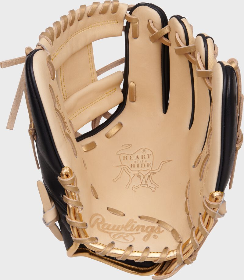 Camel palm of a Rawlings Heart of the Hide ContoUR fit infield glove with camel laces