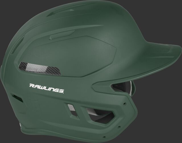 Right side of a CAR07A Rawlings MACH Carbon adult helmet with a matte dark green shell and carbon fiber plate insert