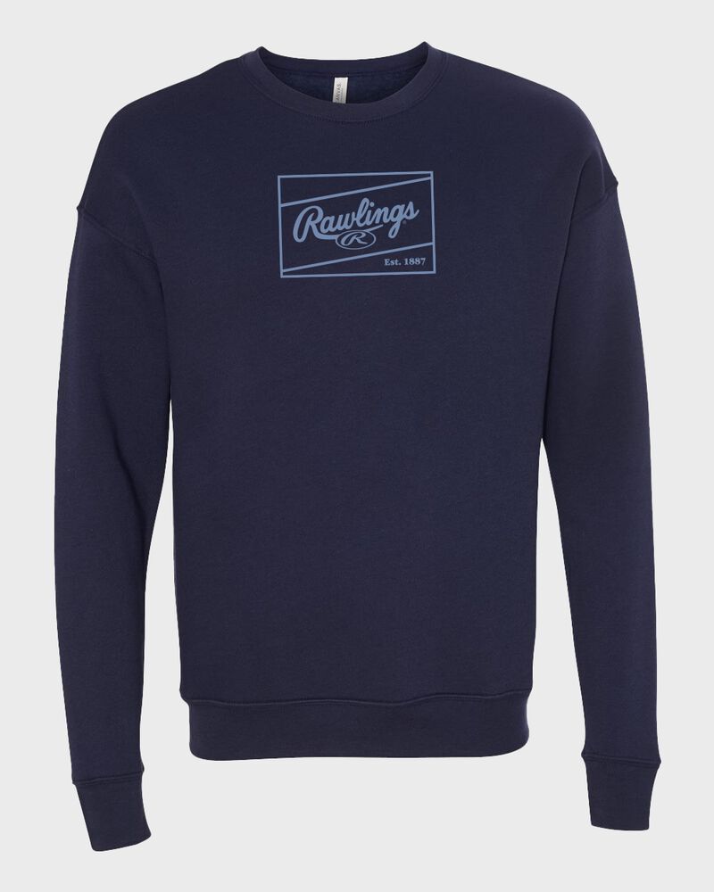 A navy Rawlings crew neck fleece sweatshirt with a columbia blue Rawlings patch logo on the chest - SKU: RSGSF-N