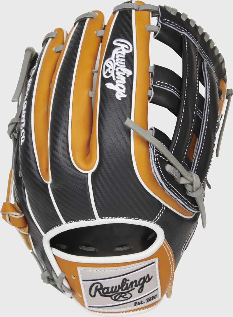 Tan/Black Hyper Shell back of a Heart of the Hide Hyper Shell 12.75" H-web glove with a gray Rawlings patch - SKU: PRO3319-6TBCF