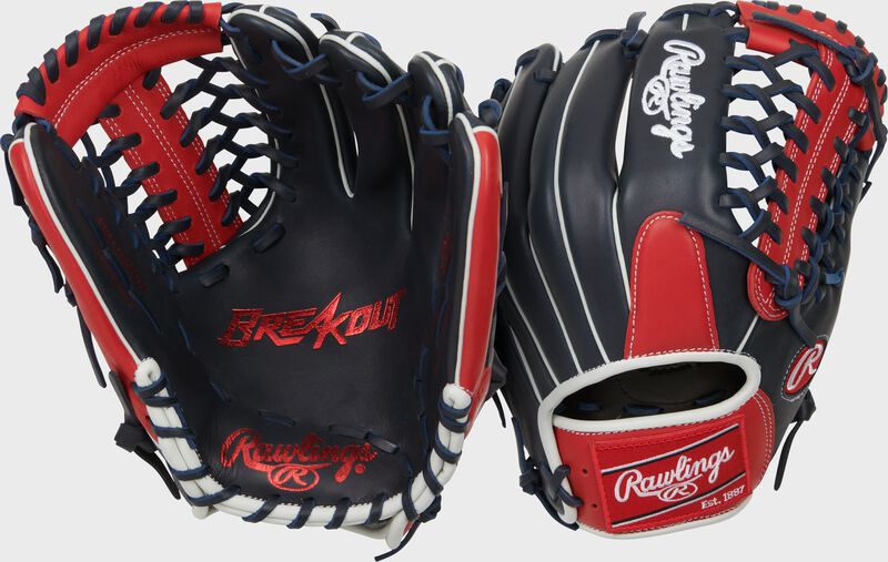 Two images showing the palm & back of a navy/scarlet Breakout 12" infield/pitcher's glove