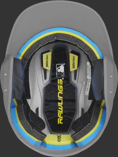 Inside of a Rawlings MACH baseball helmet with IMPAX durable foam padding