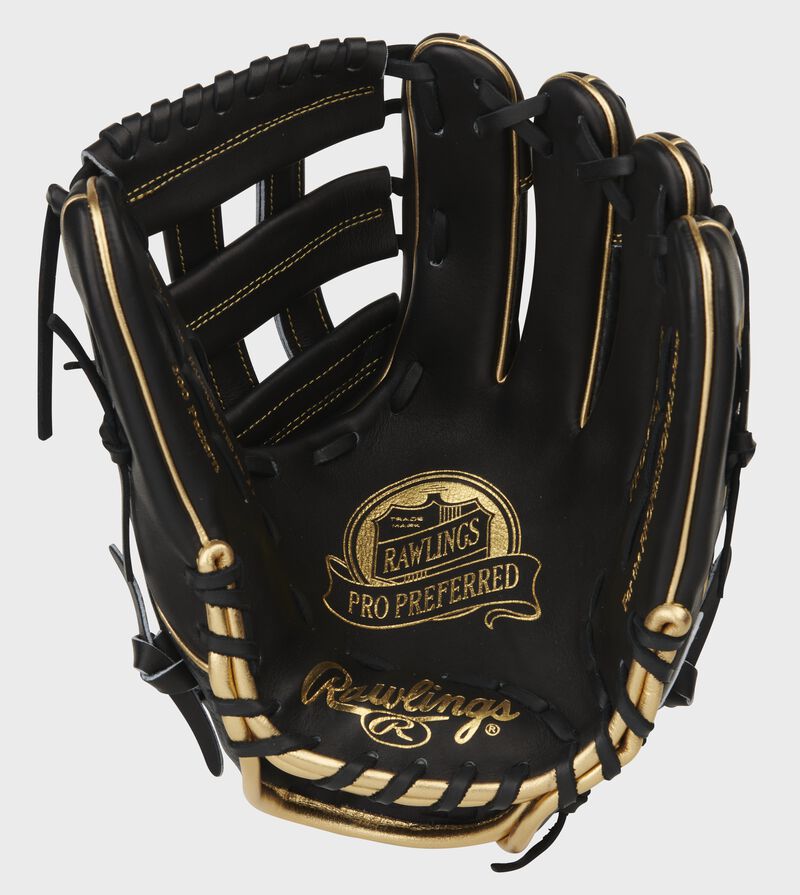 Black palm of a Rawlings Pro Preferred infield glove with gold stamping, and black web and laces - SKU: PROS206-6BCF