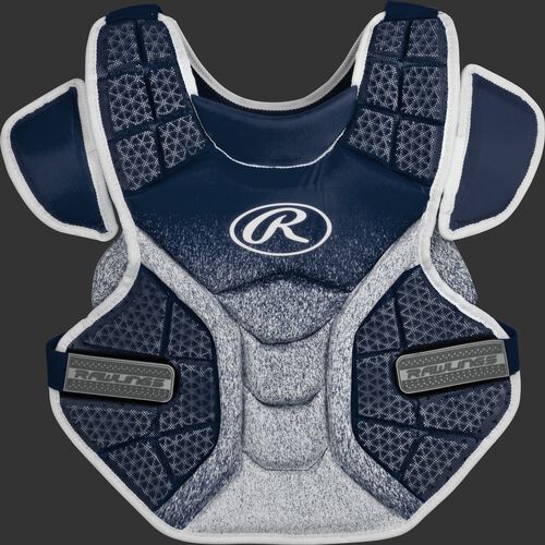 Front of a navy/white SBCPV Velo adult softball chest protector