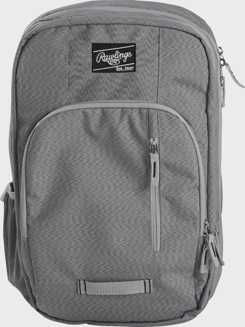 Front of a gray R700C coach's backpack with gray zippers and a black Rawlings patch