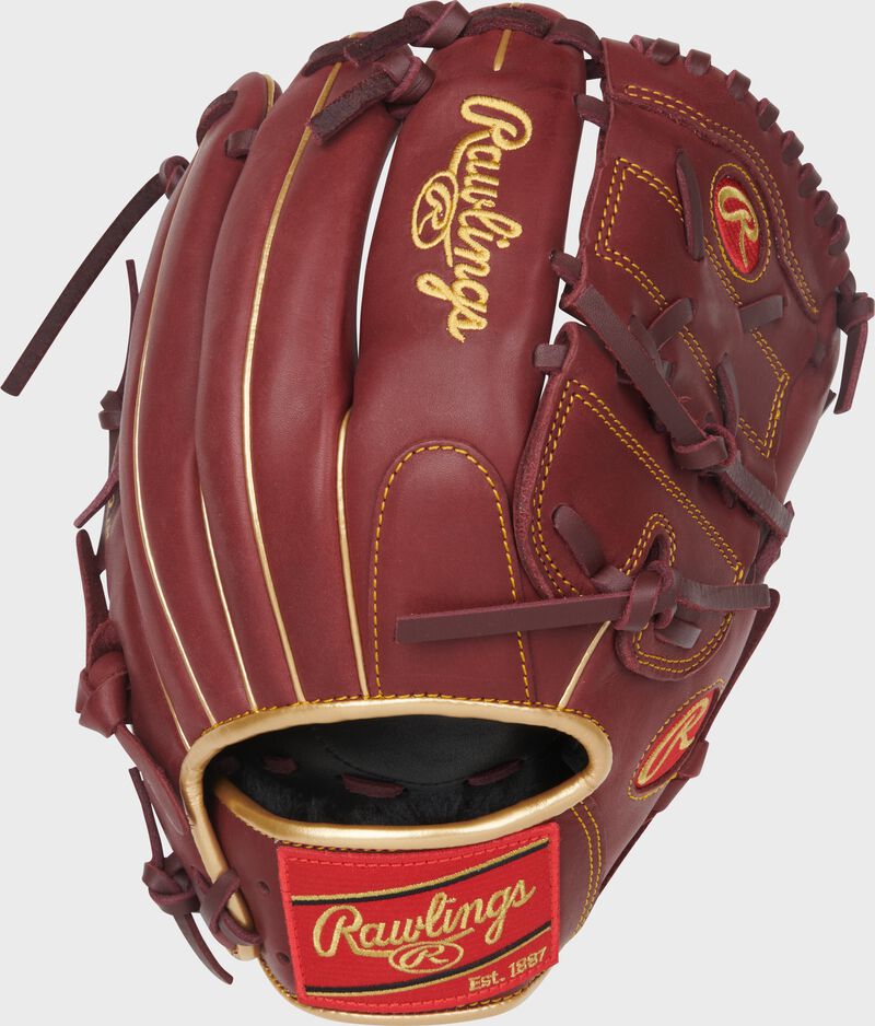 Back of a sherry R9 Series 12-Inch Infield/Pitcher's Glove with a red Rawlings patch loading=