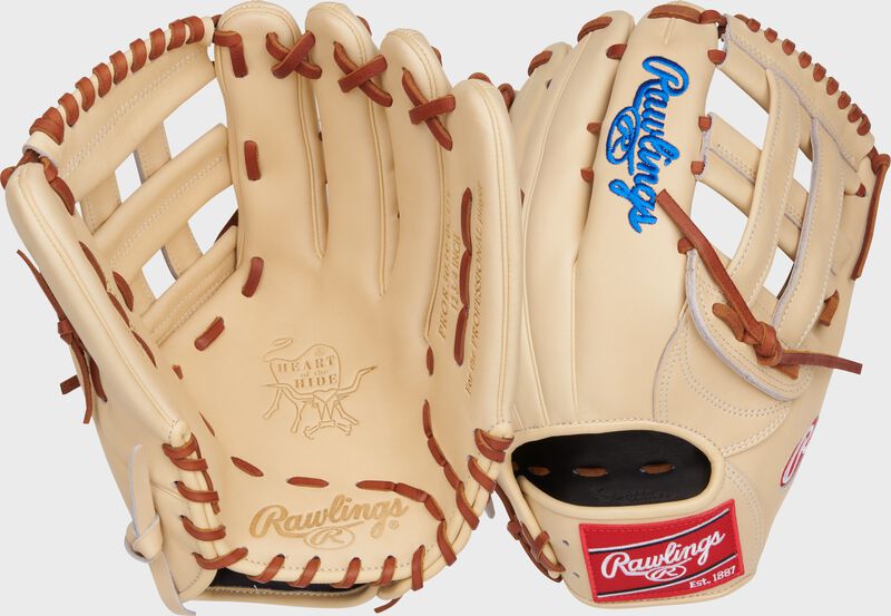 Two images showing the palm & back of a camel Heart of the Hide 12.75" outfield glove