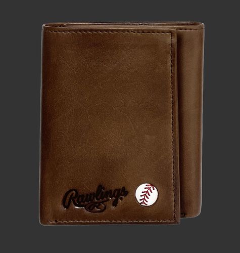 A brown Play Ball tri-fold wallet with the Rawlings logo and ball emblem in the bottom right corner - SKU: MW479-200